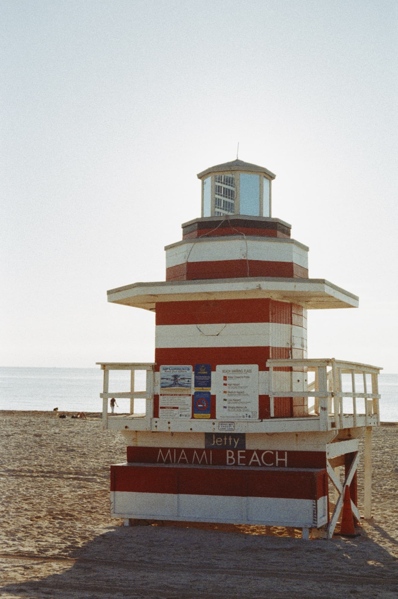 Film frame on Kodak Gold 200 — the Jetty lifeguard tower on the sand at Miami Beach
